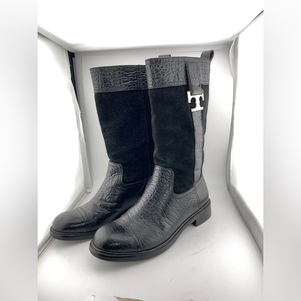 Tory Burch Corey Mid Calf Flat Leather Embossed Black  Suede Boots Size 7M​​​​​​ - Picture 4 of 13